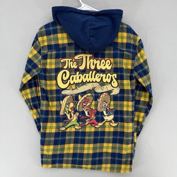 Disney Tops - Disney Three Caballeros Donald Duck Zip Flannel Hoodie XS Full Zip Yellow Blue